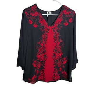 Cato Blouse Women's Medium Black Red V-Neck 3/4 Sleeve Career Top Shirt